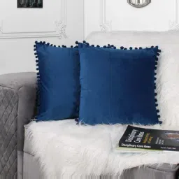 STITCHNEST Blue Velvet Both Side Holland Cushion Covers with Pompom - Set of 2-picture-46
