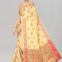 Satrani Yellow Printed Saree With Unstitched Blouse-image-10