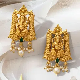 ORANGENYSHA Gold-Plated Stones Studded And Beaded Geometric Shaped Temple Drop Earrings image 4