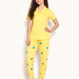 Clovia Yellow Printed Shirt & Pyjama Set-image-41