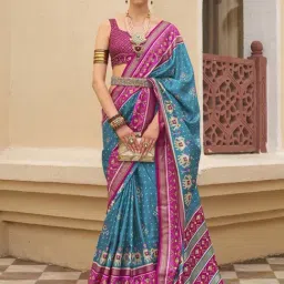 Elora Blue & Pink Printed Saree With Unstitched Blouse-image-42