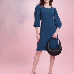 DressBerry Textured Puff Sleeves Cut-Out Detail Sheath Dress image 3