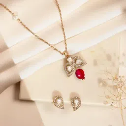 Abdesigns Gold-Tone Plated American Diamond Minimal Pendant & Earring Set image 2