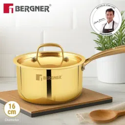 Bergner Gold Traditional Brass Tin (Kalai) Coated Peetlam Saucepan with Lid (1600 ml) image 2