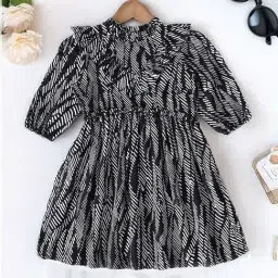 Bella Moda Girls Black Cotton Three Fourth Sleeves Abstract Printed Dress-picture-29