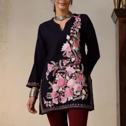 House of Chikankari Navy Blue HOC Crafts Aari Embroidered Woollen Solid Women's Short Kurta-picture-34