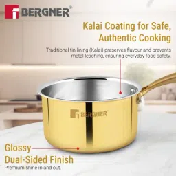 Bergner Gold Traditional Brass Tin (Kalai) Coated Peetlam Saucepan with Lid (1600 ml) image 4