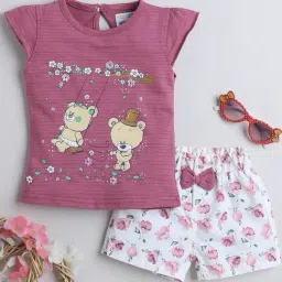 Bumzee Kids Mauve & White Printed Top with Shorts-image-80