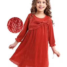 Hola Bonita Knit Full Peasant Sleeves Pleated Sequin Fabric with Bow Detailing - Red-image-30