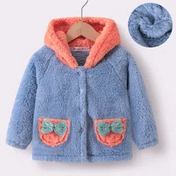 Kookie Kids Full Raglan Sleeves Hooded Fur Winter Jacket with Bow Applique - Blue-image-92