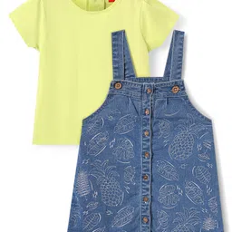 Babyhug Cotton Woven Frock & Half Sleeves Inner Tee With Tropical Theme Embroidery - Blue & Light Green-picture-12