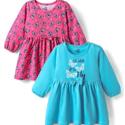 Doodle Poodle Cotton Knit Full Peasant Sleeves Frocks with Butterfly Print & Bow Applique Pack of 2 - Pink & Blue-image-42
