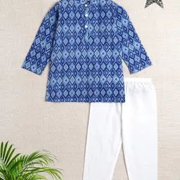 The Magic Wand Cotton Woven Full Sleeves Ikat Printed Kurta & Pyjama Set - Blue-picture-34