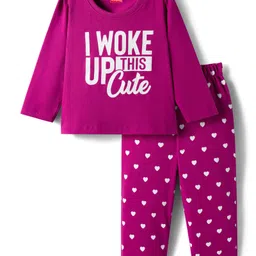 Babyhug Cotton Knit Full Sleeves Night Suit With Text & Heart Print - Purple-picture-31