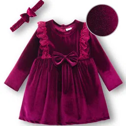 Mark & Mia Woven Full Sleeves Solid Party Dress With Bow Applique & Headband - Maroon-picture-35
