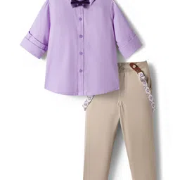 Babyhug Cotton Woven Full Sleeves Poplin Solid Party Shirt & Stretchable Trouser With Bow & Suspender - Purple & Cream-picture-28