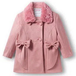 Babyhug Woven Full Sleeves Solid Trench Coat With Bow Applique & Fur Collar - Pink-image-77