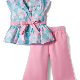 Twetoons Woven Half Cap Sleeves Frock Style Top & Trouser Set With Belt & Floral Print - Pink & Blue-picture-19