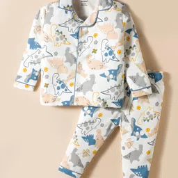 CUCUMBER Interlock Knit Full Sleeves Co-ords Night Suit with Animal Print - White-picture-24