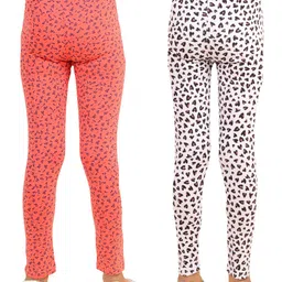 Kids Cave Pack Of 2 Cotton Jersey Flower & Heart Printed Leggings - Orange & White image 3