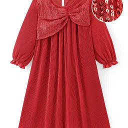 Hola Bonita Knit Full Peasant Sleeves Pleated Sequin Fabric with Bow Detailing - Red image 2