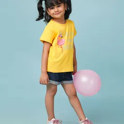 Knitting Doodles Pure Cotton Half Sleeves Flamingo Printed Tee - Yellow image 4