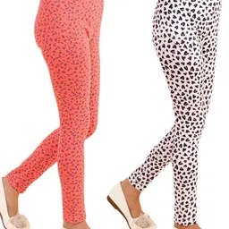 Kids Cave Pack Of 2 Cotton Jersey Flower & Heart Printed Leggings - Orange & White image 4