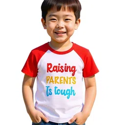 COCOON ORGANICS 100% Cotton Knit Pack Of 2 Half Raglan Sleeves Little Wonder & Raising Parents Is Tough Text Printed Anti Microbial Tees - Yellow Red White & Sky Blue image 4