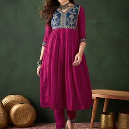 Sangria Floal Embroidered A-Line Kurta Set image 1