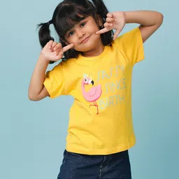 Knitting Doodles Pure Cotton Half Sleeves Flamingo Printed Tee - Yellow image 5