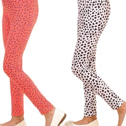 Kids Cave Pack Of 2 Cotton Jersey Flower & Heart Printed Leggings - Orange & White image 5