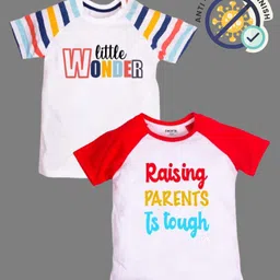 COCOON ORGANICS 100% Cotton Knit Pack Of 2 Half Raglan Sleeves Little Wonder & Raising Parents Is Tough Text Printed Anti Microbial Tees - Yellow Red White & Sky Blue image 5