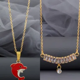 SZN Set Of 2 Stainless Steel Gold-Plated Artificial Stones Studded Necklaces-picture-30