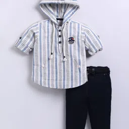 LITTLE COLLARS Boys Striped Hooded Pure Cotton T-shirt With Trousers-image-35