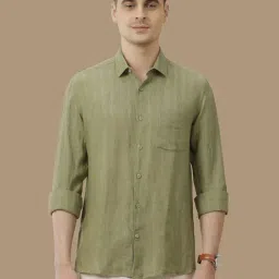 Linen Club Green Linen Contemporary Fit Striped Shirt-picture-30