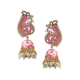 Anouk Gold Plated Peacock Shaped Artificial Stones & Beads Studded Meenakari Jhumkas image 2