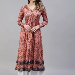 KALINI Floral Printed Notch Neck Empire Cotton Silk Anarkali Kurta-picture-23
