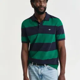 Gant Men Green Striped Collared Short Sleeves Polo T-Shirt-picture-15