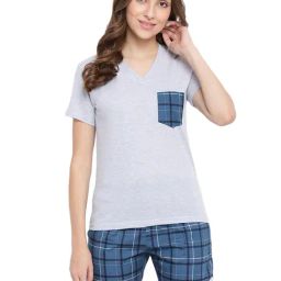 La Intimo Grey & Blue Check T-Shirt With Shorts-image-21
