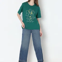 Vero Moda Green Cotton Embroidered T-Shirt image 5