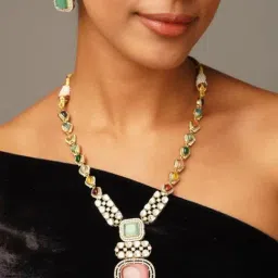 Abdesigns Gold-Tone Plated Polki American Diamond Necklace & Earring Set-picture-30