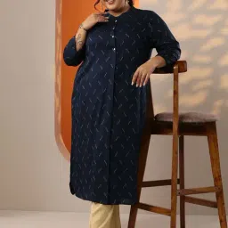 Extra Love By Libas Blue Straight Fit Woven Design Plus Size Kurta image 4