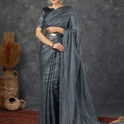 Satrani Grey Striped Saree With Unstitched Blouse-picture-41