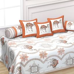 Texstylers 6-Pcs Orange-Coloured & White Printed Pure CottonDiwanSet-picture-32