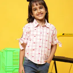 Tales & Stories Half Sleeves Checked & Heart Embroidered Shirt Style Top - Pink-picture-21