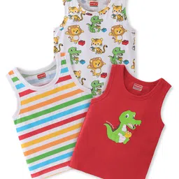 Babyhug 100% Cotton Knit Sleeveless Striped & Lion Print Sando Pack of 3 - Multicolour-picture-10