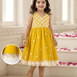 Babyhug Woven Sleeveless Floral Embroidered Ethnic Dress - Yellow image 1