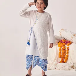 Pspeaches Full Sleeves Floral Printed & Paisley Thread Work Embroidered Kurta With Dhoti - White-picture-15