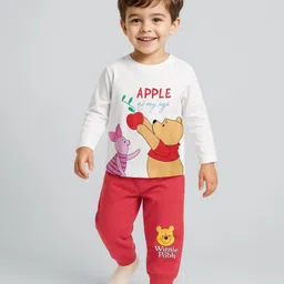 Babyhug Disney Single Jersey Knit Full Sleeves Night Suit with Winnie & Friends Graphic - White & Red-picture-21