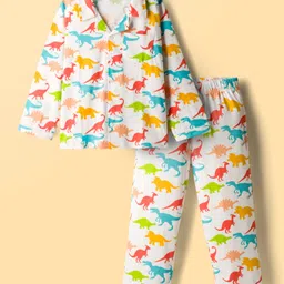 Honeyhap Premium 100% Cotton Knit Co-ord Set Night Suit with Dino Print - Bright White-picture-22